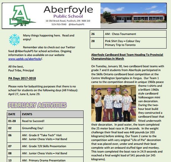February Aberfoyle PS Newsletter